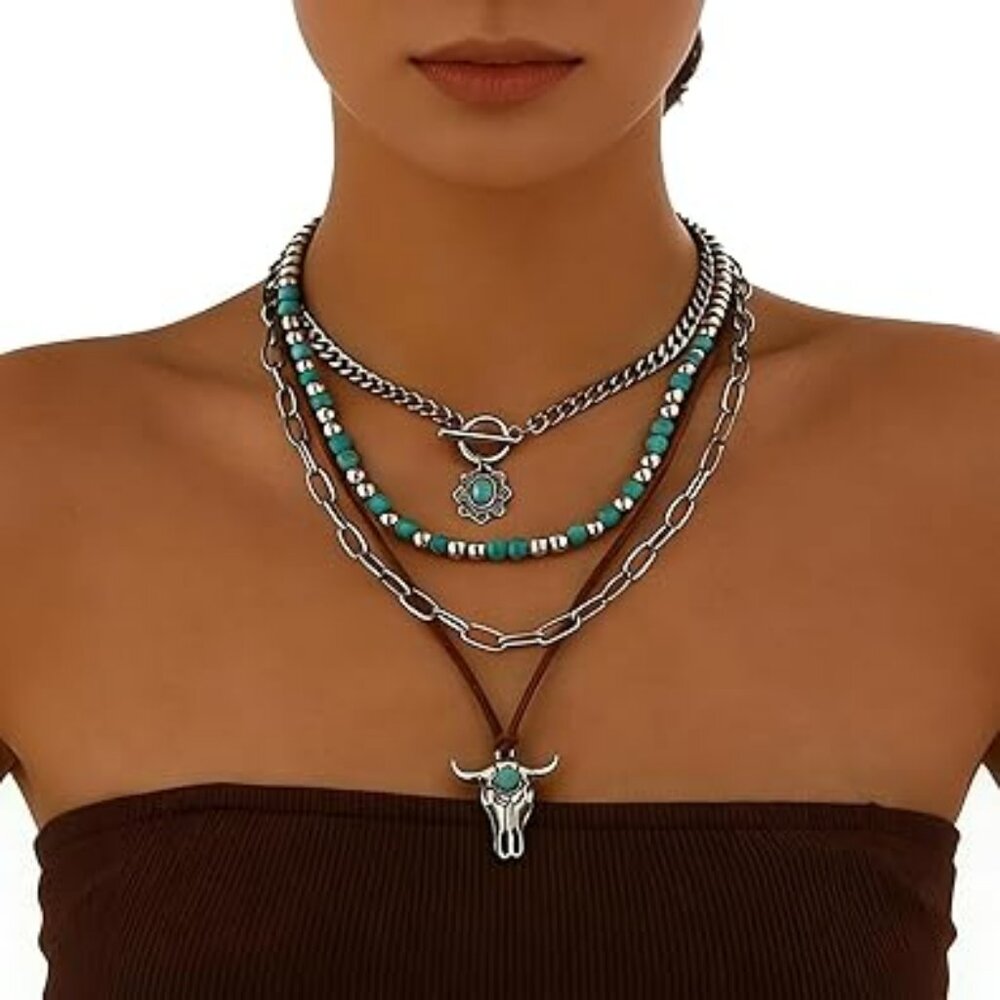 Boho‎ Turquoise Beaded Layered Necklace Cow Pendant Western Rodeo Elegant